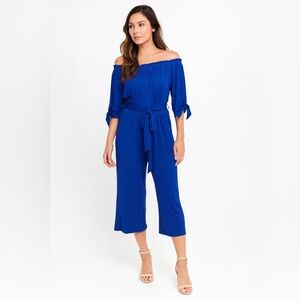 Lauren Ralph‎ Lauren Jumpsuit Womens XL Blue Off Shoulder Tie Sleeve Wide Leg